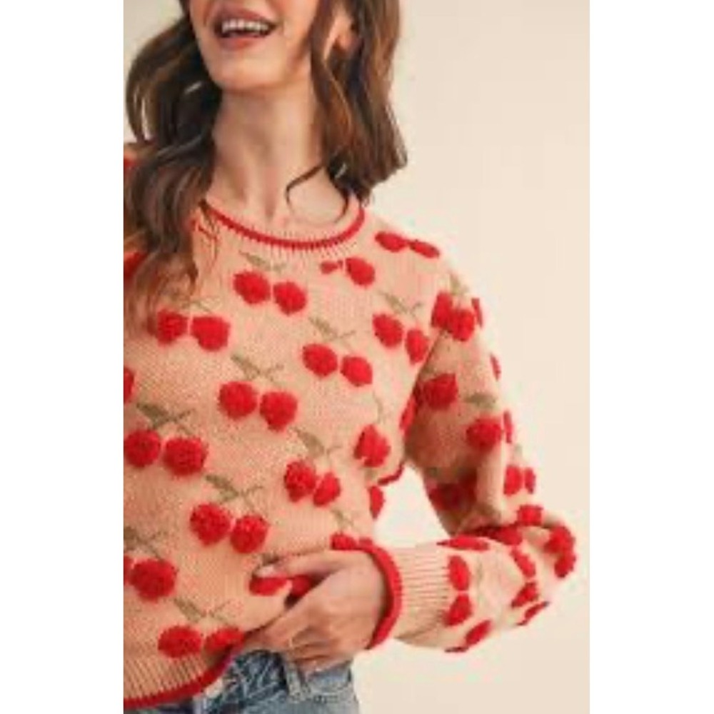 &merci Cherry Print Sweater Womens Small Tan Red Fuzzy Pom Pom Coquette Cottage